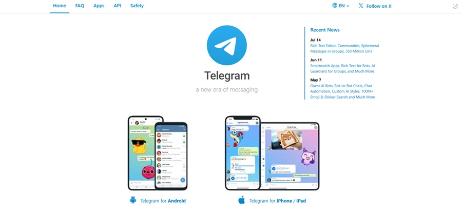 Screenshot of the Telegram desktop homepage featuring, Recent News, Telegram for Android link, Telegram for iPhone/iPad link and navbar content