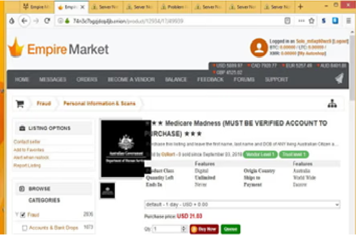Screenshot of empire dark web marketplace