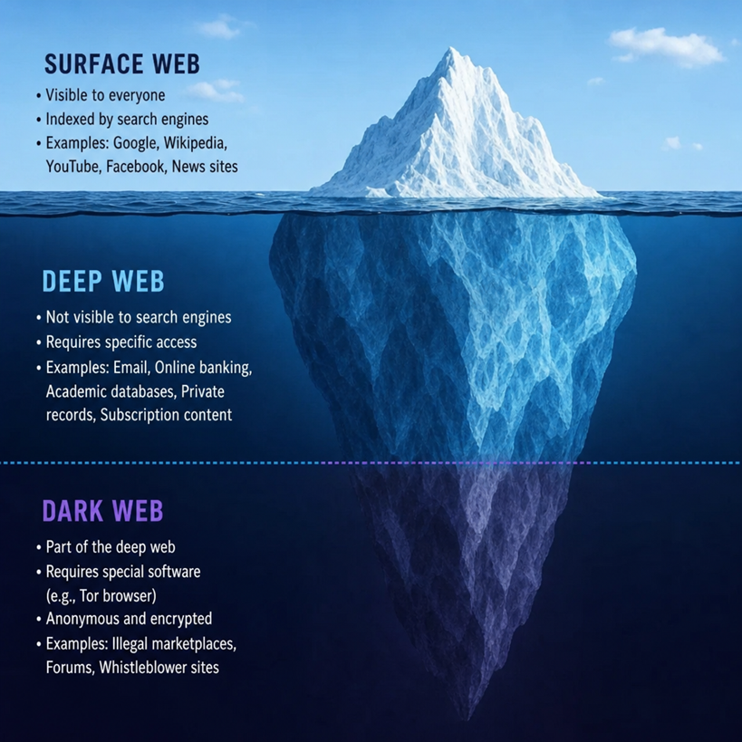 Different internet layers. Surface, Deep and Dark Web