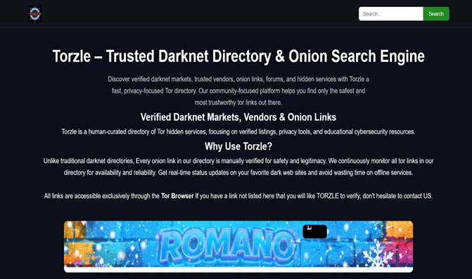 Screenshot of the Torzle homepage featuring educational dark web resources, verified Tor (.onion) links, privacy guides, darknet research tools, and security information.